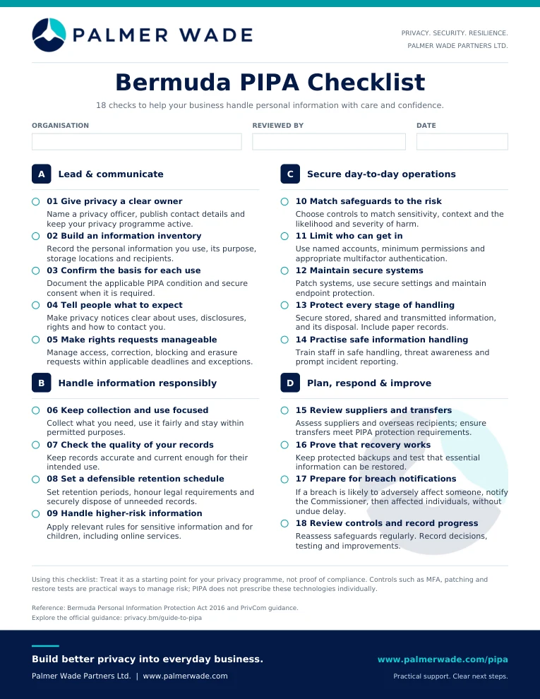 Preview of the Palmer Wade Bermuda PIPA Checklist, with 18 checks in four sections.